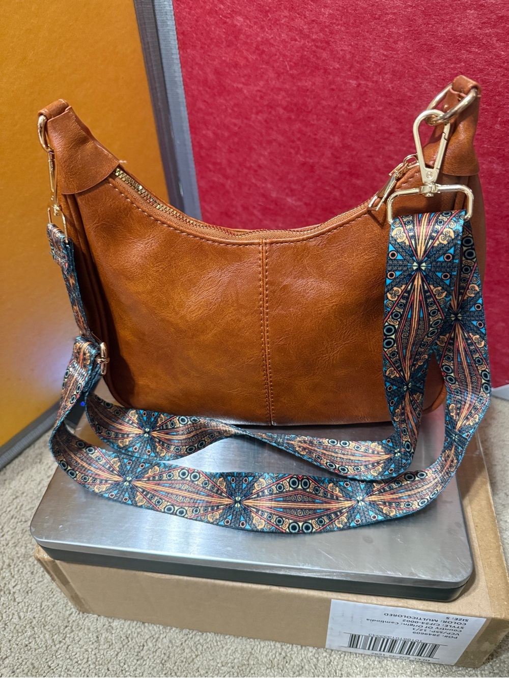Women's Tan Leather-Style Shoulder Bag with Patterned Strap